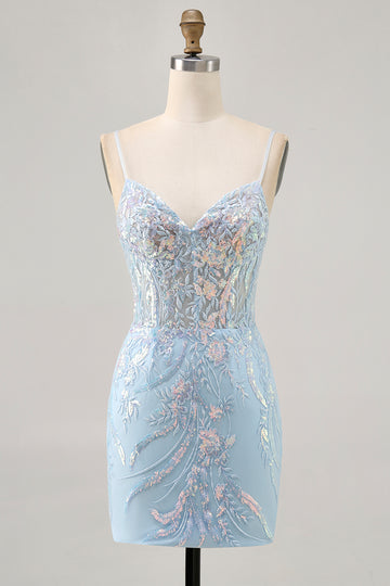 Light Blue Bodycon Spaghetti Straps Appliqued Homecoming Dress with Sequins